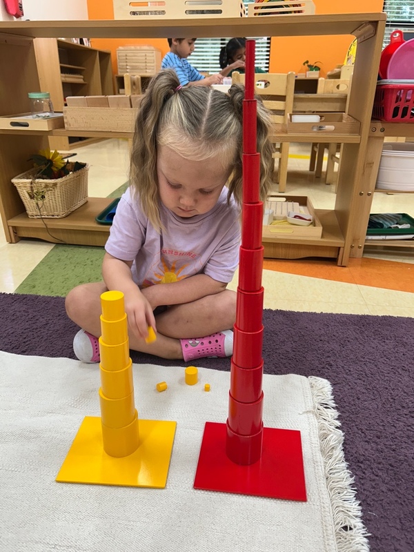 A Creative Minds student building with the Montessori pink tower and cylinders