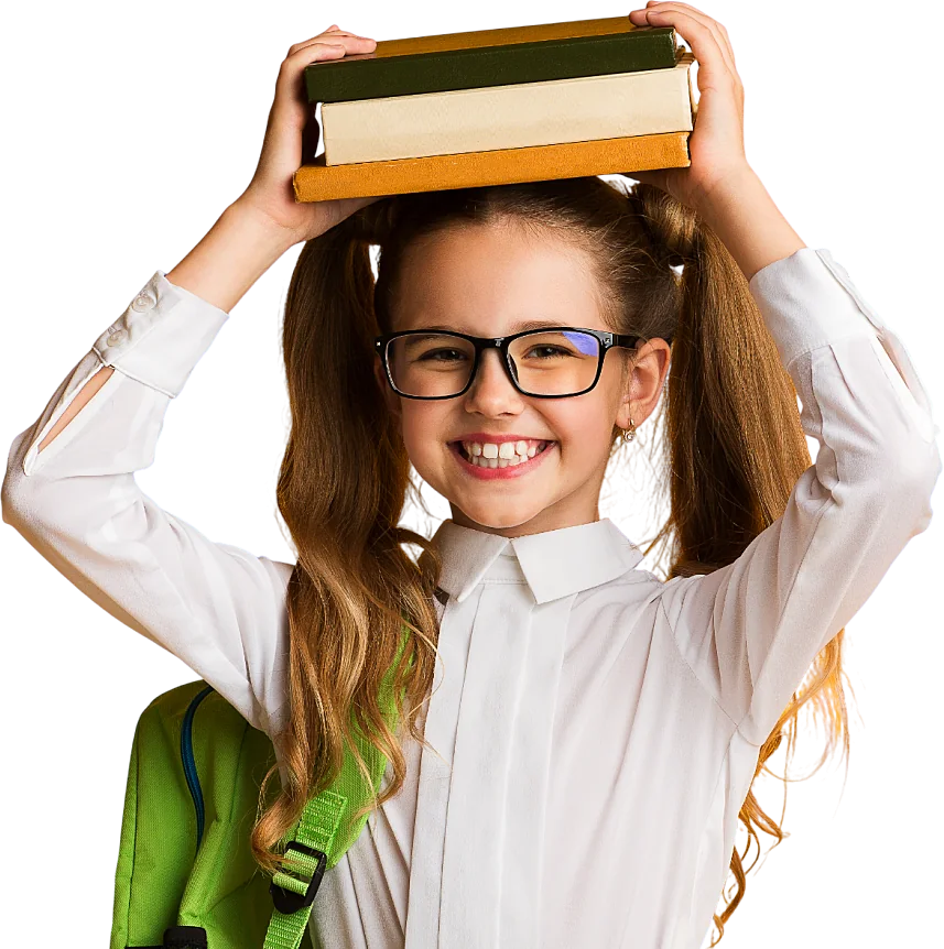 Happy child holding books above her head