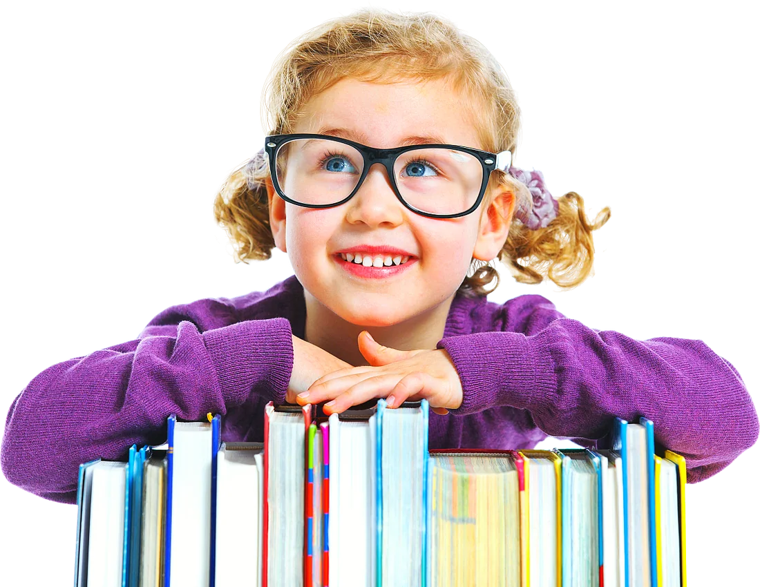 Happy child leaning on a stack of books