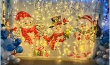 Snowman window display with lights and balloons