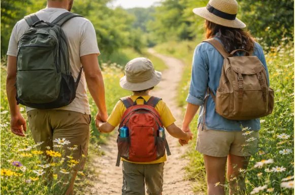 A family taking a spring walk on a wildflower path